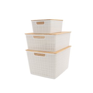 Kit 3 Caixas Organizadoras Branca com Tampa Bambu - P,M e G