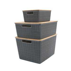 Kit 3 Caixas Organizadoras Cinza com Tampa Bambu - P,M e G