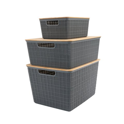 Kit 3 Caixas Organizadoras Cinza com Tampa Bambu - P,M e G
