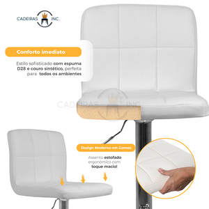 Kit 3 Banquetas Giratórias com Encosto Regulagem Giratória Estofadas para Cozinha Ilha Gomos Branca
