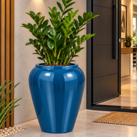 Vaso de Fibra de Vidro Bali U 71cm Vitrificado Grande Azul Metálico