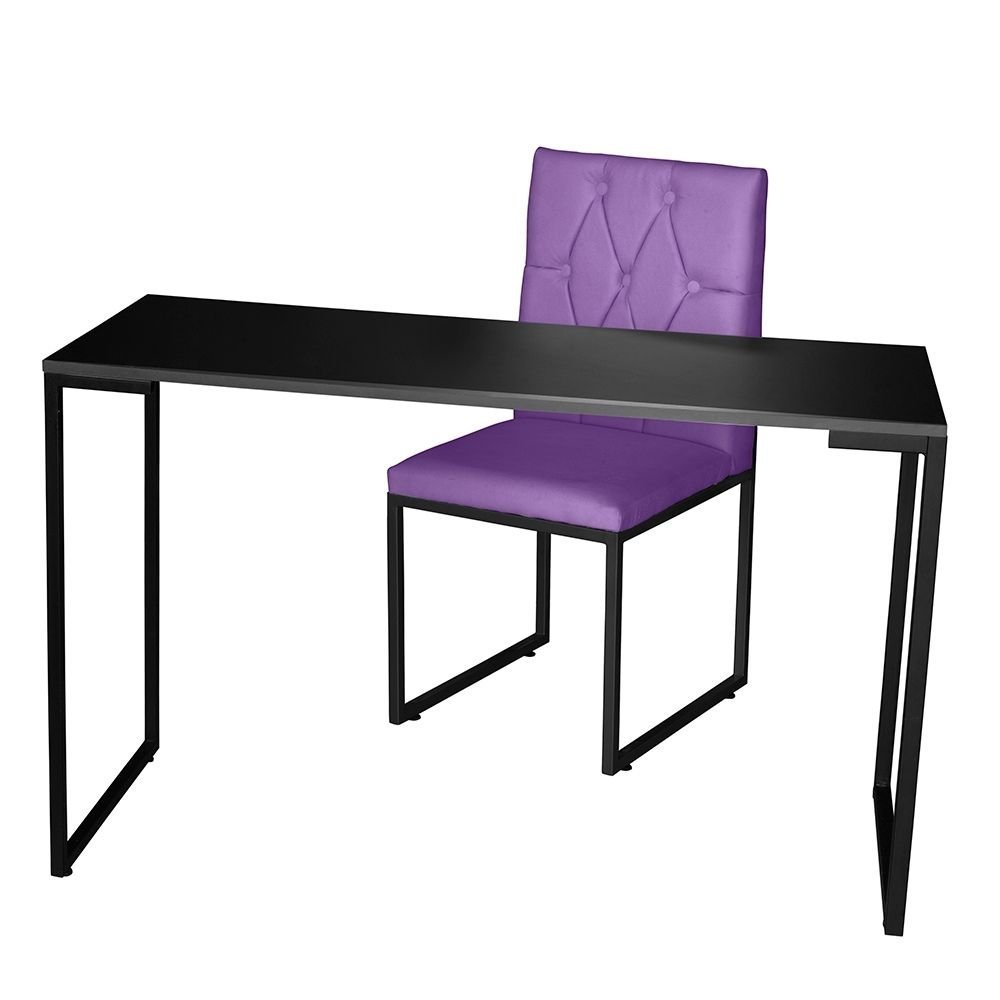 Kit Home Office Mesa Para Escritorio com Cadeira Malta Ferro Preto Suede Roxo - Móveis Mafer