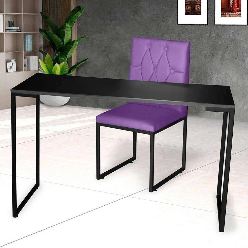 Kit Home Office Mesa Para Escritorio com Cadeira Malta Ferro Preto Suede Roxo - Móveis Mafer - 2