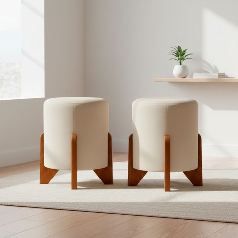 Kit 2 Puffs Decorativos Eloah Redondo Assento Extra para Sala Quarto Suede Pufe com Pés de Madeira