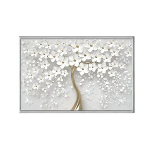 QUADRO DECORATIVO 40X60CM VIDRO ARVORE FLORAL BRANCO E DOURADO BORBOLETA  ART032