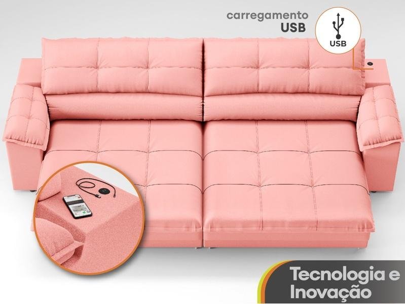 Sofá com Carregador Usb Retrátil Reclinável Monaco 2,50m Velosuede Rose - Netsofas - 6