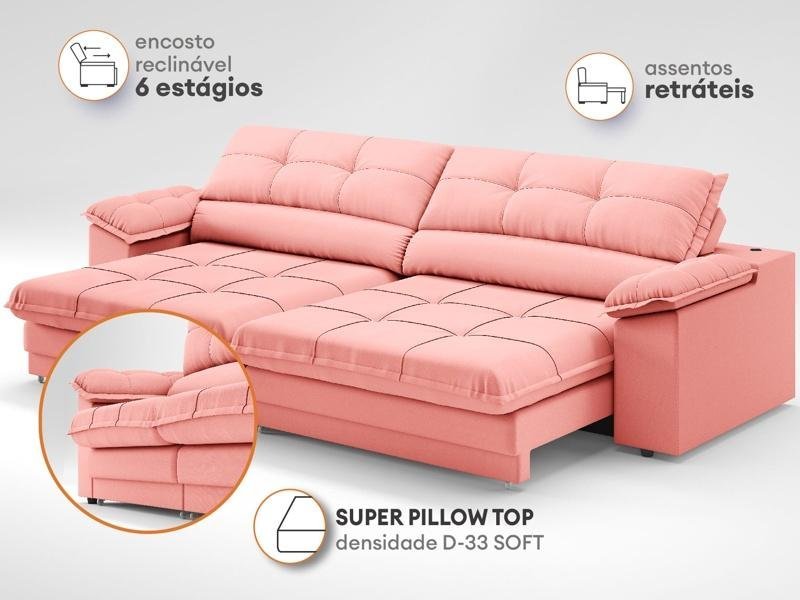 Sofá com Carregador Usb Retrátil Reclinável Monaco 2,50m Velosuede Rose - Netsofas - 4