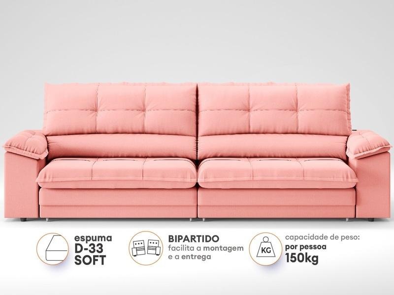 Sofá com Carregador Usb Retrátil Reclinável Monaco 2,50m Velosuede Rose - Netsofas - 3