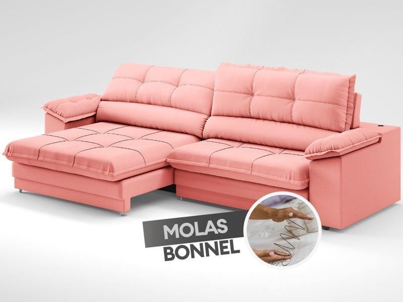 Sofá com Carregador Usb Retrátil Reclinável Monaco 2,50m Velosuede Rose - Netsofas - 5