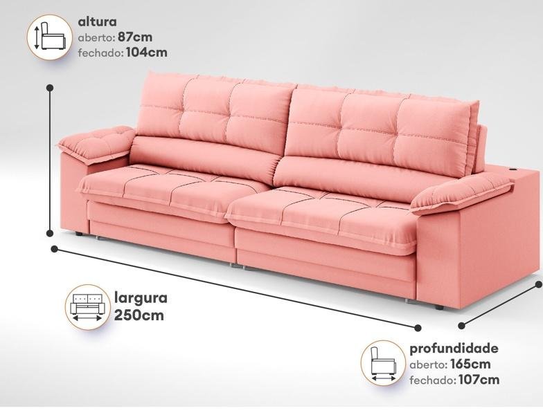 Sofá com Carregador Usb Retrátil Reclinável Monaco 2,50m Velosuede Rose - Netsofas - 2