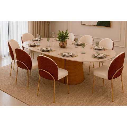 Conjunto Mesa Jantar Ryze + 8 Cadeiras Lizy 8 Lugares Tampo MDF Aço Estofado Perola Terracota 218cm
