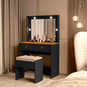 Penteadeira Prática C/luz Led 2 Gavetas Banco Fácil Montagem