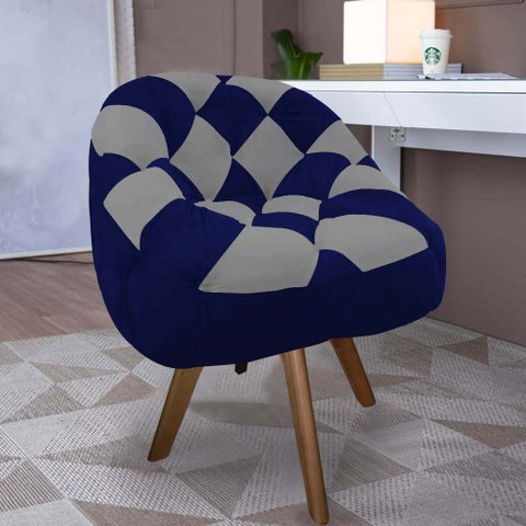 Poltrona Paloma Escritório Sala Giratória Madeira Suede Azul Marinho e Suede Cinza - Dominic Decor