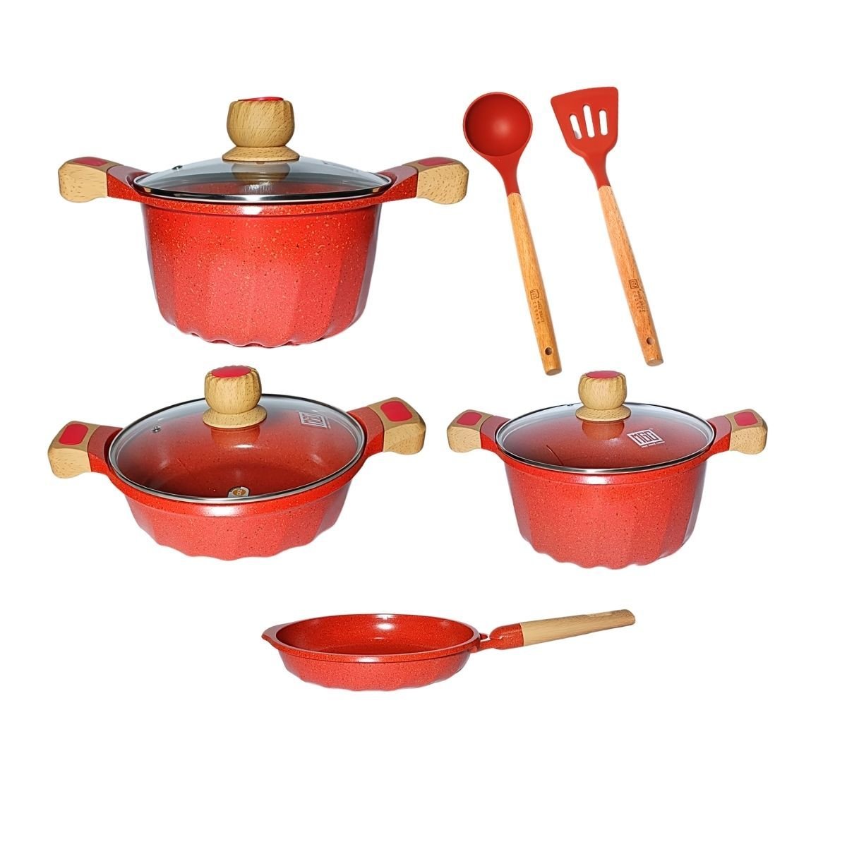 Jogo Panela Indução Revestimento Mármore Cerâmico 9 Peças Vermelho
