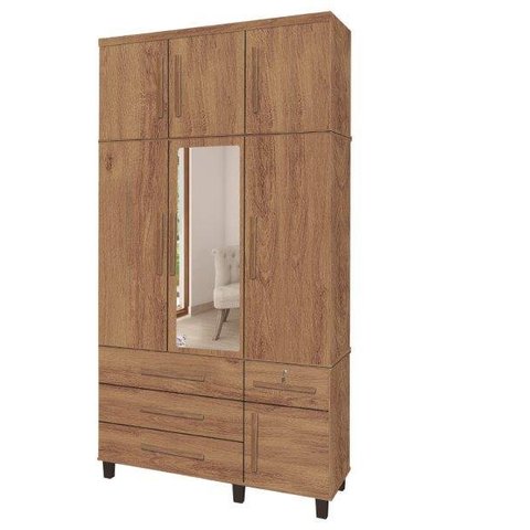 Roupeiro / Guarda Roupas EL Triplex Com Espelho 3 Portas + 4 Gavetas Sendo 1 Com Chave Cor Canelato 