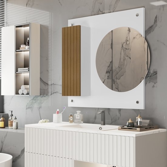 Armario Para Banheiro Murana com Porta e Espelho Redondo Branco / Ripado - Comprar Moveis em Casa