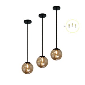 Kit 3 Pendente Preto Bancada Cozinha Cabeceira de Cama + Led Arevo Iluminação Jabuticaba VIDRO FUMÊ