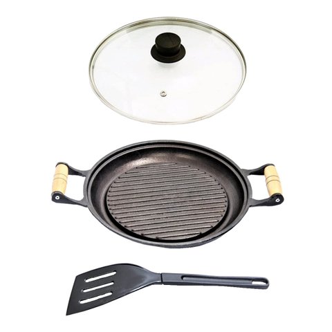 Chapa Grill Redonda Antiaderente Alça T/V 23x23cm e Espátula