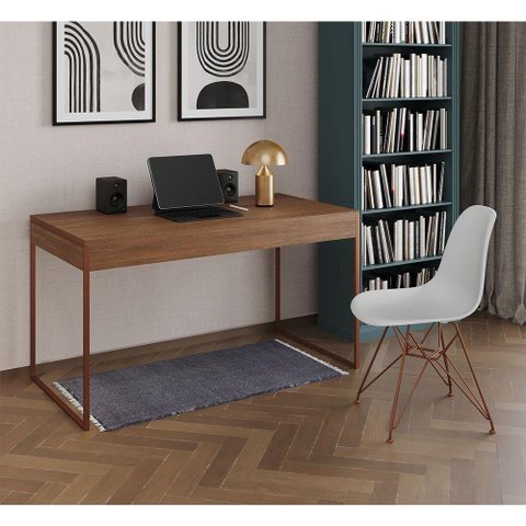 Escrivaninha Industrial Escritório Amêndoa 137X53Cm Malta Com 1 Cadeira Branca Base Cob Cor: