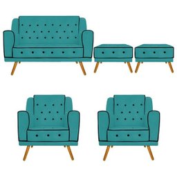 Kit Namoradeira, 2 Poltronas e 2 Puff Olivia Pés Palito Mel Suede Azul Turquesa - Doce Sonho Mó - 1