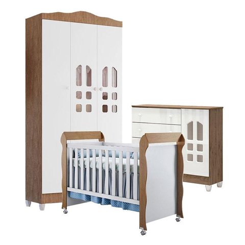 Quarto de Bebê New Selena 3 Portas com Cômoda Selena e Berço Mirelle Branco Acetinado Amadeirado – C