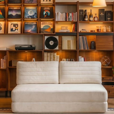 Sofá Cama sem Braço Reclinável Fold CabeCasa MadeiraOriginals Branco Bouclé Off-White