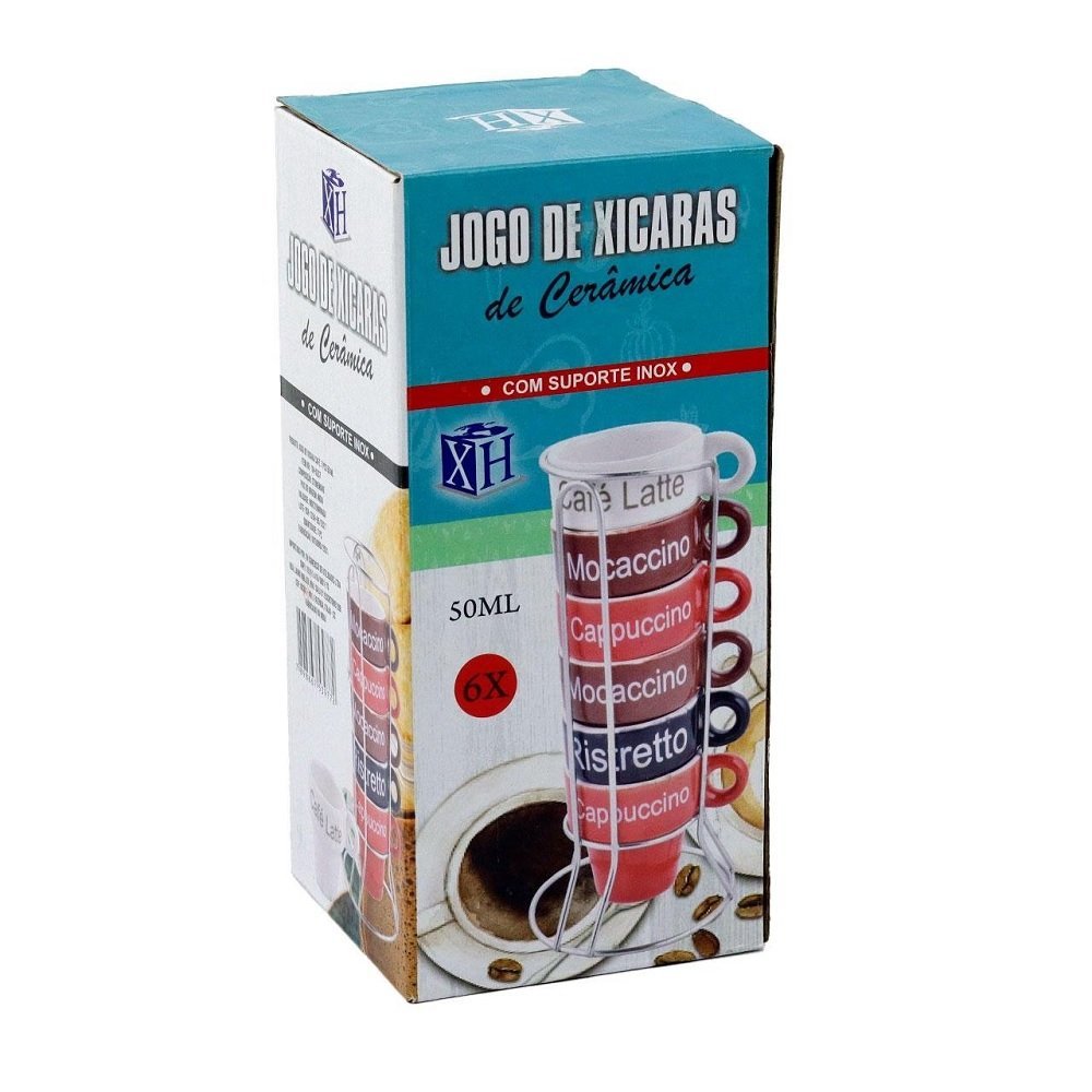 Kit Xícaras de Cerâmica 50ml Café Cappuccino 6 Peças Suporte - 2