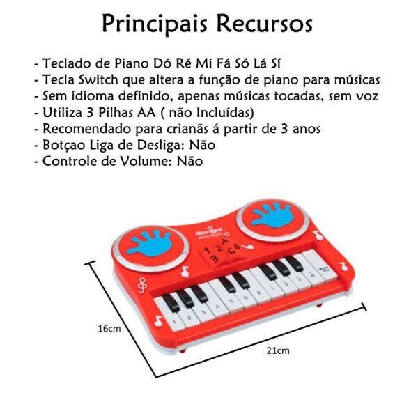 Pianinho Infantil Educativo Piano Do Ré Mi Musical Vermelho - 2