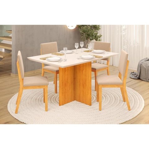 Sala de Jantar Completa Hera C/ Tampo Madeirado C/ Vidro Reto 120x90cm e 4 Cadeiras Talia Cedro/off