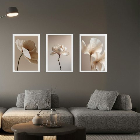 Kit 3 Quadros Fotos Suaves Flores Bege para Sala ou Quarto 24x18cm:moldura Branca