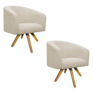 Kit 2 Poltronas Luiza Base Giratória de Madeira Linho Bege - Doce Sonho Móveis