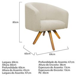 Kit 2 Poltronas Luiza Base Giratória de Madeira Linho Bege - Doce Sonho Móveis - 5