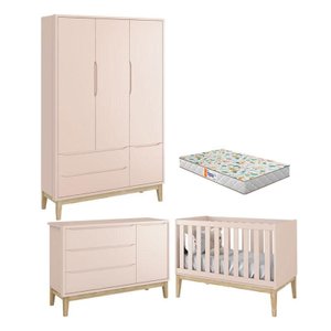 Quarto de Bebê 3 Portas New Classic Rosa com Pés Madeira Natural e Colchão Gazin – Reller