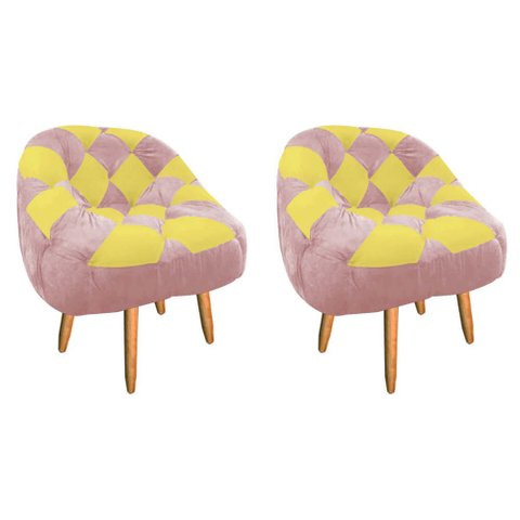 Kit 02 Poltrona Paloma Escritório Sala Pé Palito Suede Rosa Bebê e Suede Amarelo - Dominic Decor