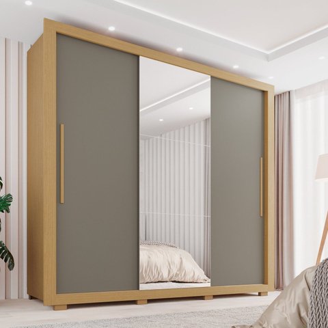 Guarda-Roupa Casal 3 Portas com Espelho Central 4 Gavetas com Pés Costa Rica Marrom Jequitibá/Granizo