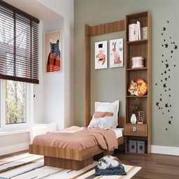 Cama de Solteiro Articulável Vertical com Estante e Mesa de Cabeceira 1 Gaveta Vancouver Nogal Cv095 - 1