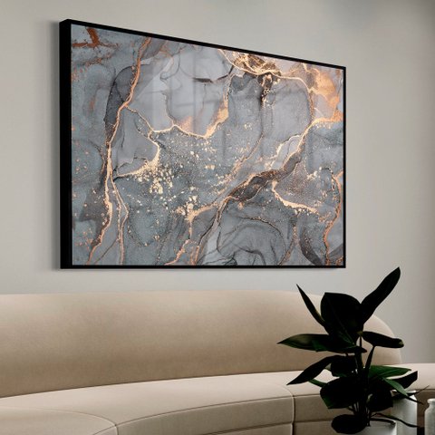 Quadro Decorativo Abstrato Mármore Cinza Perolado em Moldura Caixa Tacolado Moldura Trad 1cm Preta C