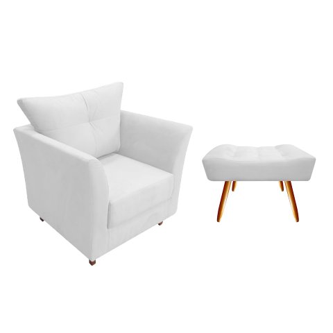 Kit Poltrona Decorativa Isis + Puff Retangular Couro Branco Pés Madeira Mz Decor