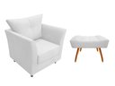 Ver imagem 1 de Kit Poltrona Decorativa Isis + Puff Retangular Couro Branco Pés Madeira Mz Decor