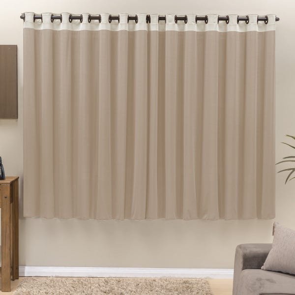 Cortina para Sala 3,00m x 2,60m Decorativa Beatriz com Tecido de Malha Varão Simples Cor:Avelã - 1