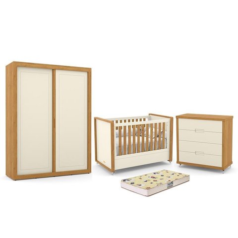 Dormitório Tutto New 2 Portas, Cômoda 4 Gavetas e Berço Off White/Freijó com Colchão D18 - Matic Móv