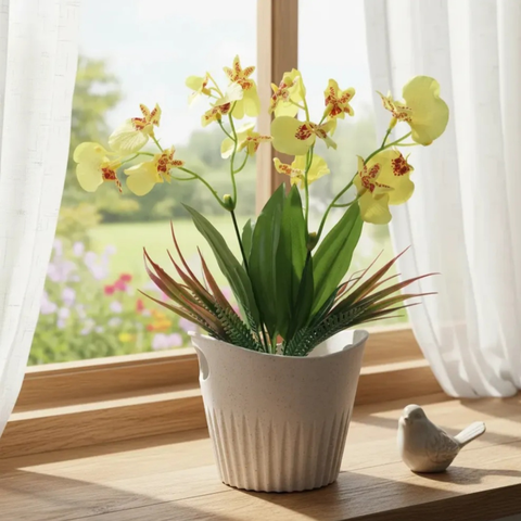 Orquídeas Flores Artificiais ,Arranjo para Mesa com Vaso Decorado