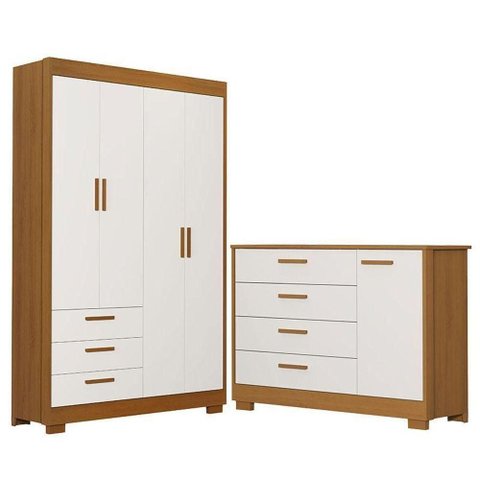 Cômoda com Porta e Guarda Roupa 4 Portas Infantil Zaki Branco Acetinado Savana - Reller