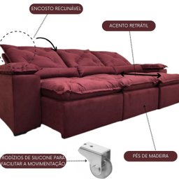 Sofá Reclinável Retrátil Toque Suave Veludinho 2,70m Athenas Cor:vinho - 2