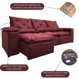 Sofá Reclinável Retrátil Toque Suave Veludinho 2,70m Athenas Cor:vinho - 3