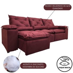 Sofá Reclinável Retrátil Toque Suave Veludinho 2,70m Athenas Cor:vinho - 4