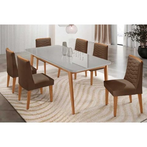 Sala de Jantar Completa Havana C/ Tampo Madeirado C/ Vidro Canto Curvo 180x90cm e 6 Cadeiras