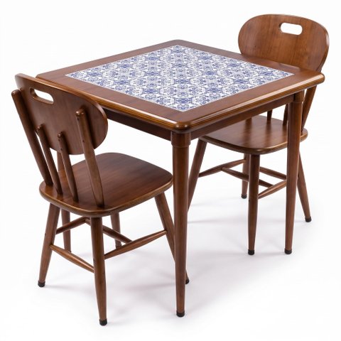 Conjunto Mesa Jantar Quadrada 80x80cm Madeira + 2 Cadeiras Cozinha - Azulejo Português - Natural