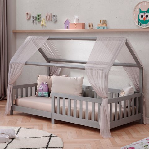 Cama Infantil Montessoriana Casa Madeira com Estrado Nina Cinza