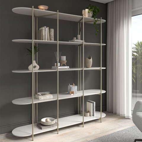 Estante de Livros 5 Prateleiras Aço com Mdf Enya 180 Cm - Off White Fosco C/ Champanhe
